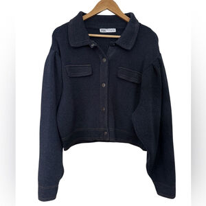 Zara Heavy Knit Cropped Jacket | Quiet Luxury Navy